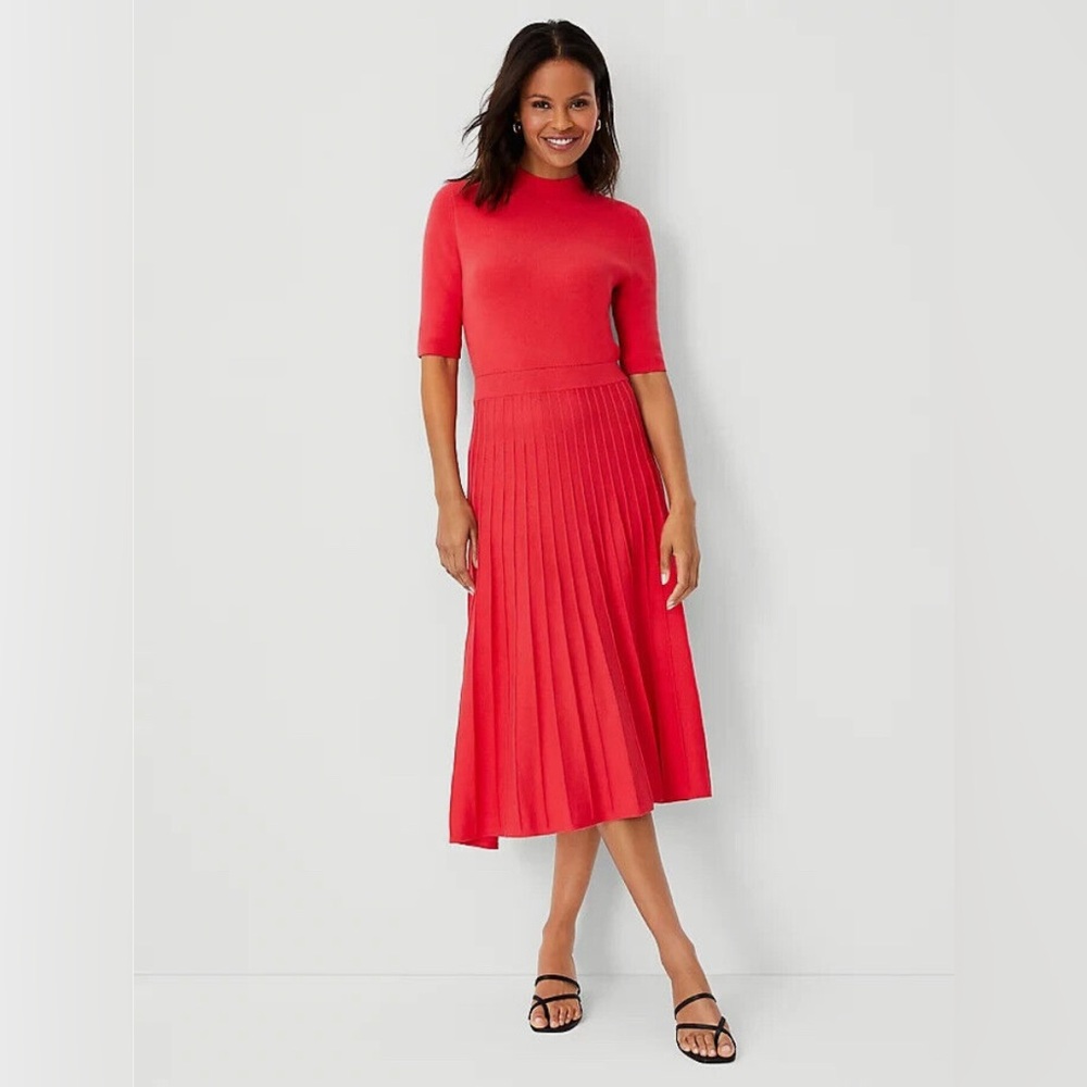 Ann Taylor Mock Neck Pleated Sweater Dress Red